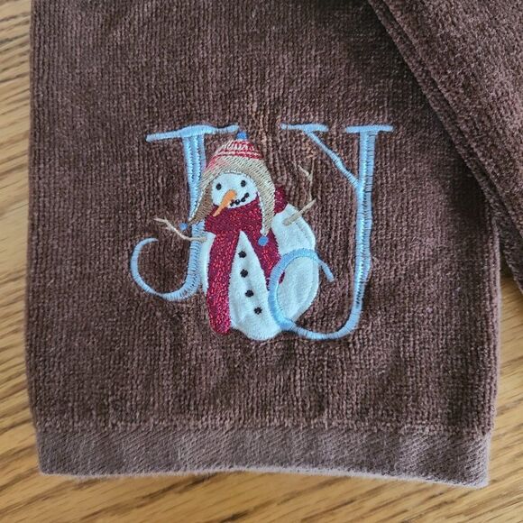 Holiday Hand Towels Brown "Joy" Snowman Set Of Two Velour Look - Picture 4 of 13